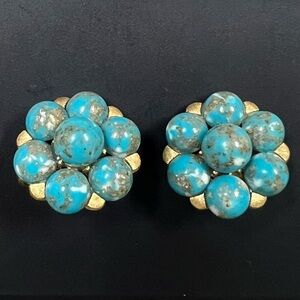 Vintage Crown Trifari EarringsClip On Turquoise Cabochon Cluster Alfred Philippe